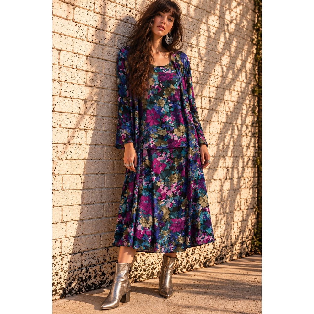 Vintage Fitting Image Purple Floral Rayon 3 Piece Skirt Set Blazer Top Size 10